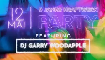Buntes und dynamisches Video-Thumbnail für ein Instagram-Event-Reel zur 5-Jahre-Kraftwerk-Party mit DJ Garry Woodapple.
