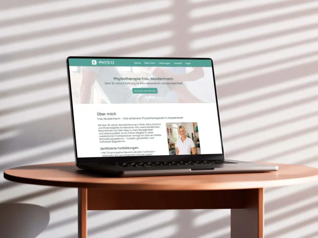Webdesign-Referenz: Ein Laptop auf einem Tisch präsentiert das helle, freundliche Website-Layout für die Physiotherapie-Praxis K-Physio.